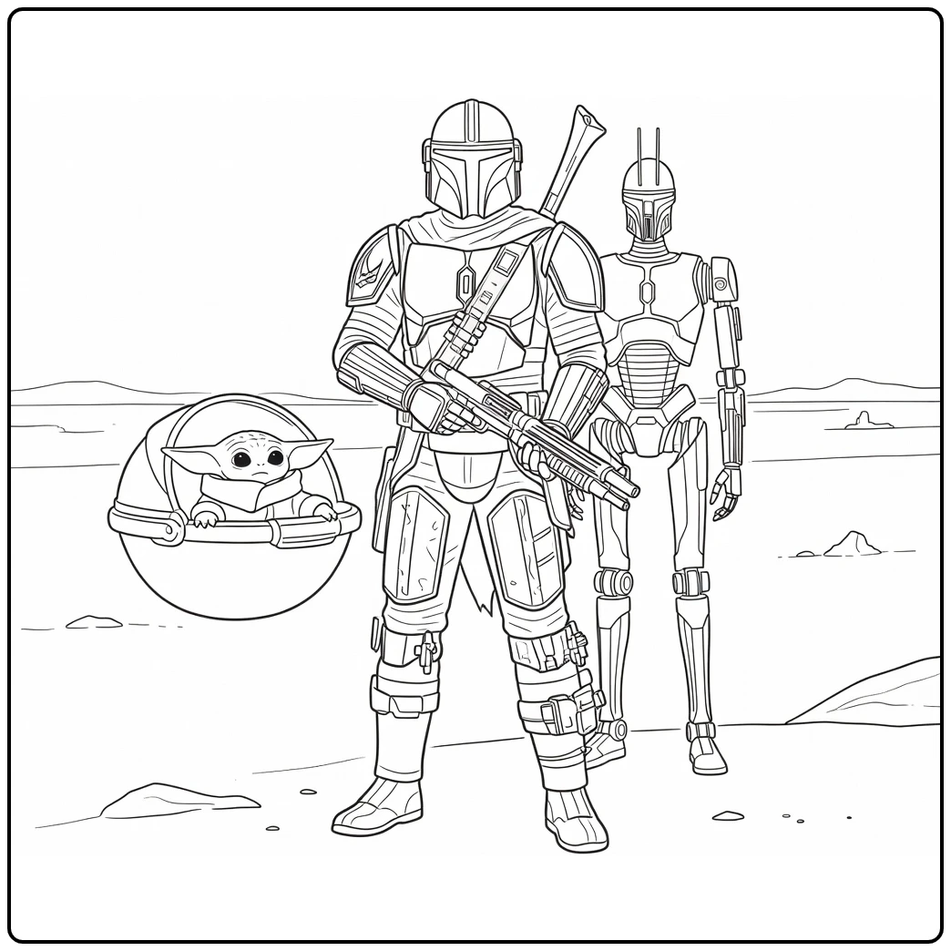 Star Wars kleurplaat De Mandalorian met Grogu en IG-11