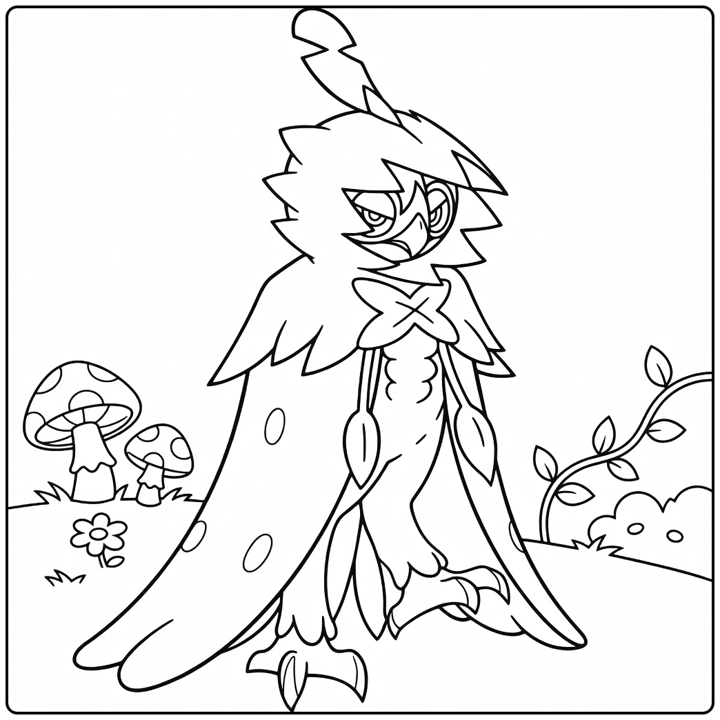 Decidueye Kleurplaat met paddenstoelen en bos