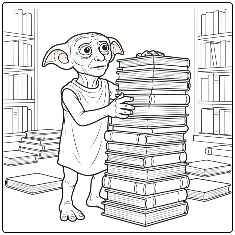 dobby harry potter kleurplaat: Dobby balanceert stapel boeken