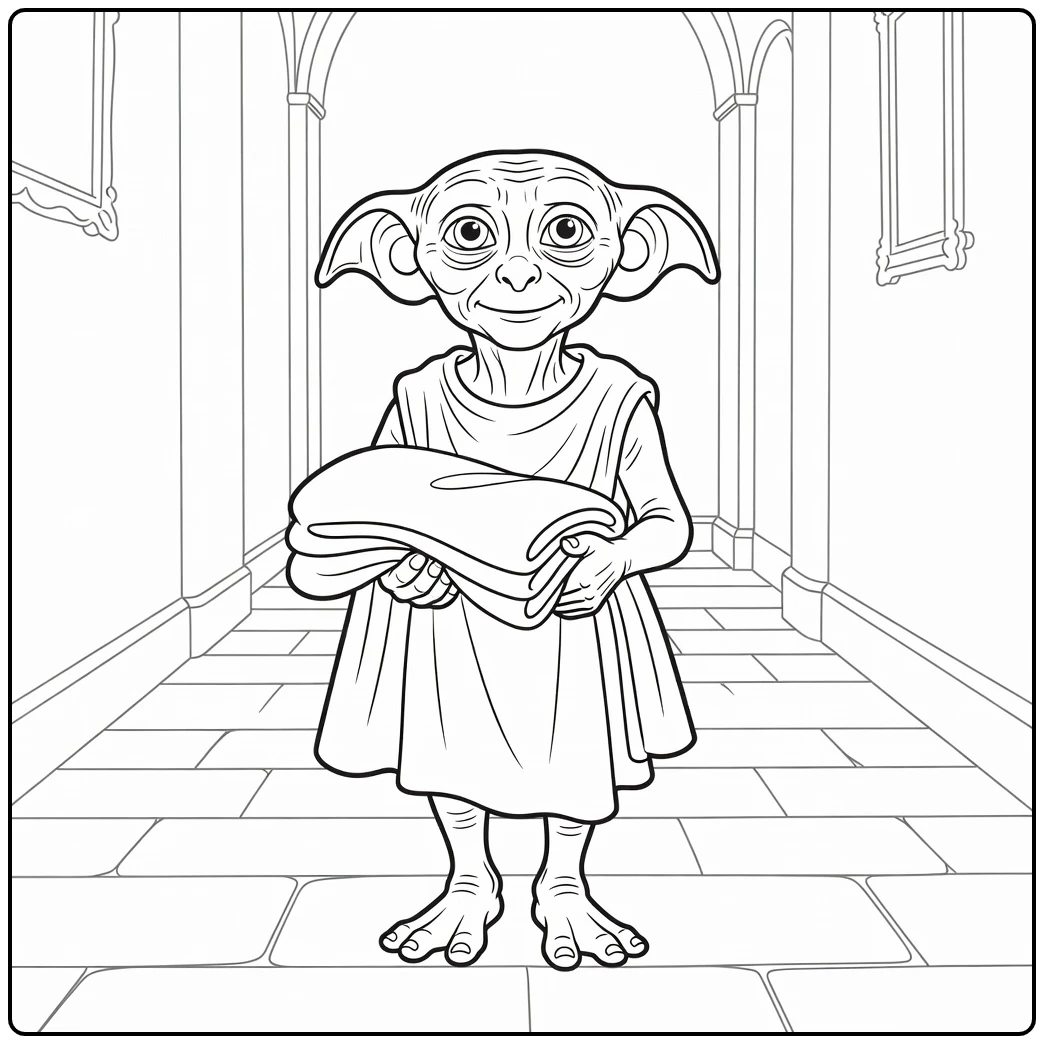 Dobby Harry Potter kleurplaat: Dobby met deken in Hogwarts gang