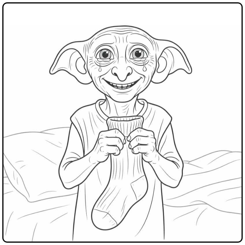 dobby harry potter kleurplaat: Dobby trots met sok in handen