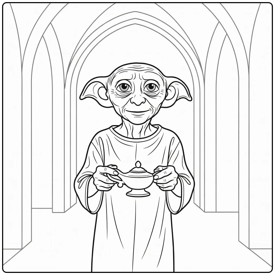 Dobby Harry Potter kleurplaat: Dobby met lamp Hogwarts-gang