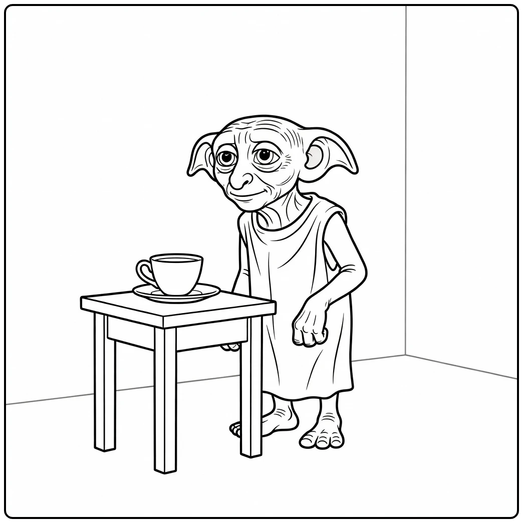 dobby harry potter kleurplaat: dobby bij tafeltje met kopje