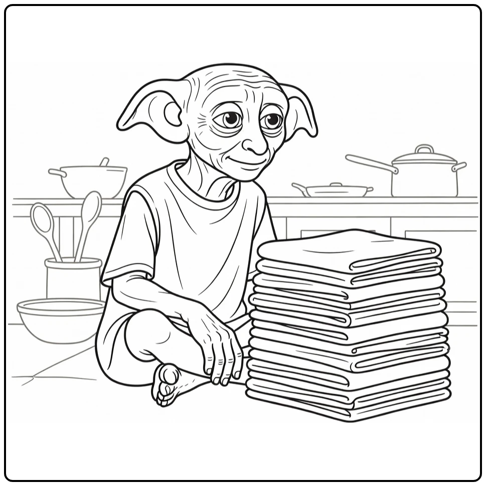 dobby harry potter kleurplaat met Dobby in de Hogwarts keuken