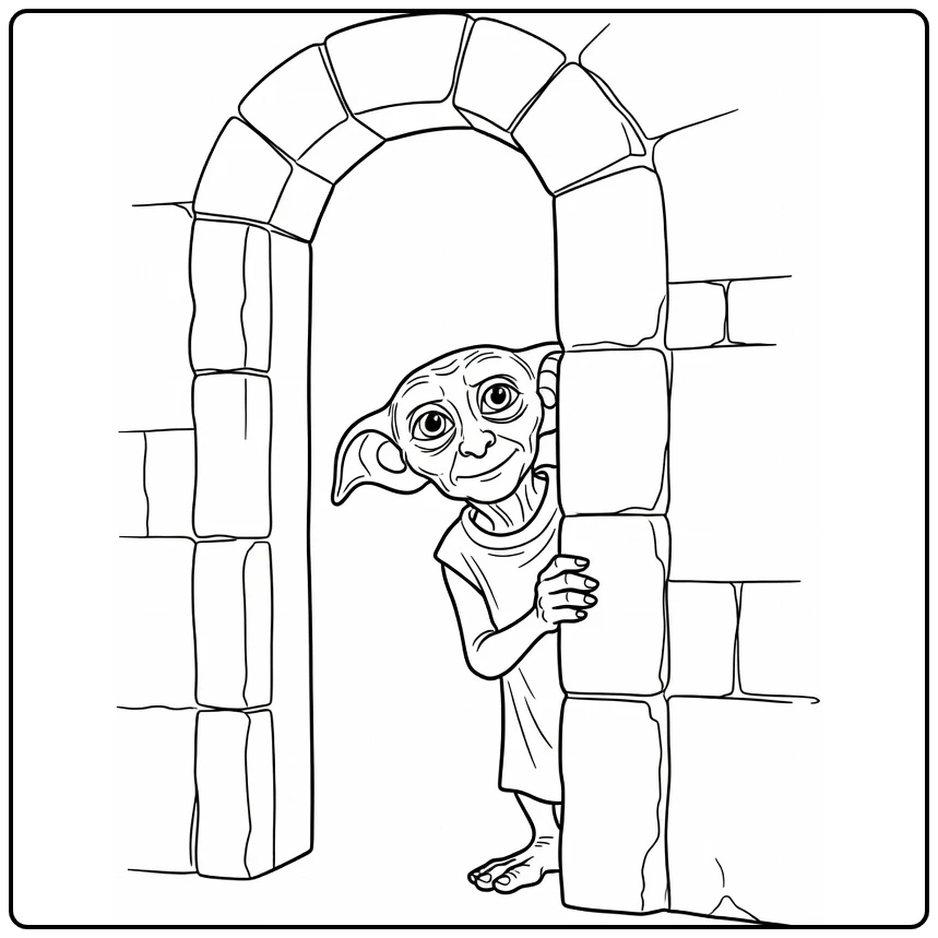 dobby harry potter kleurplaat: Dobby gluurt voorzichtig om deur Hogwarts