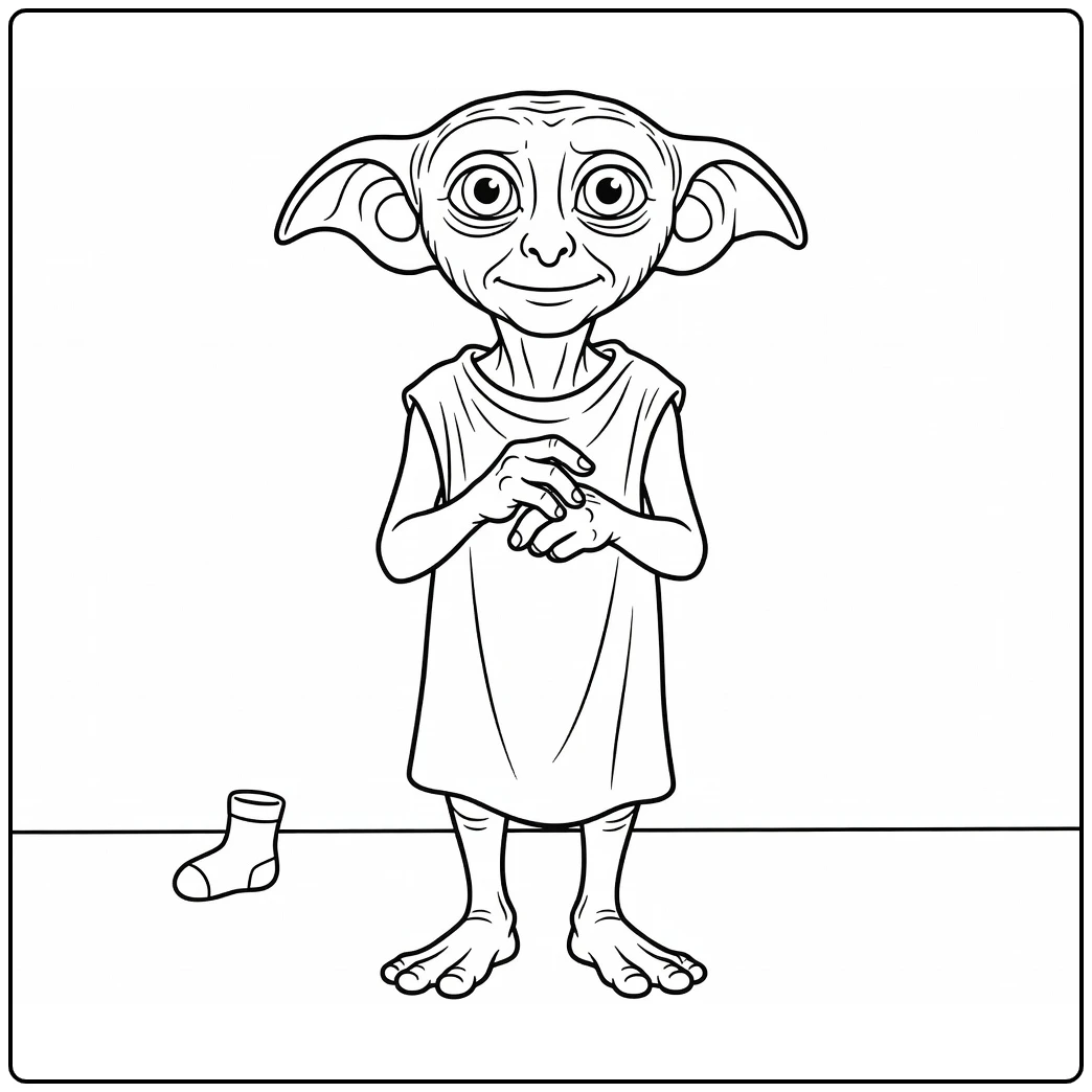 Dobby Harry Potter kleurplaat met gevouwen handen en sok
