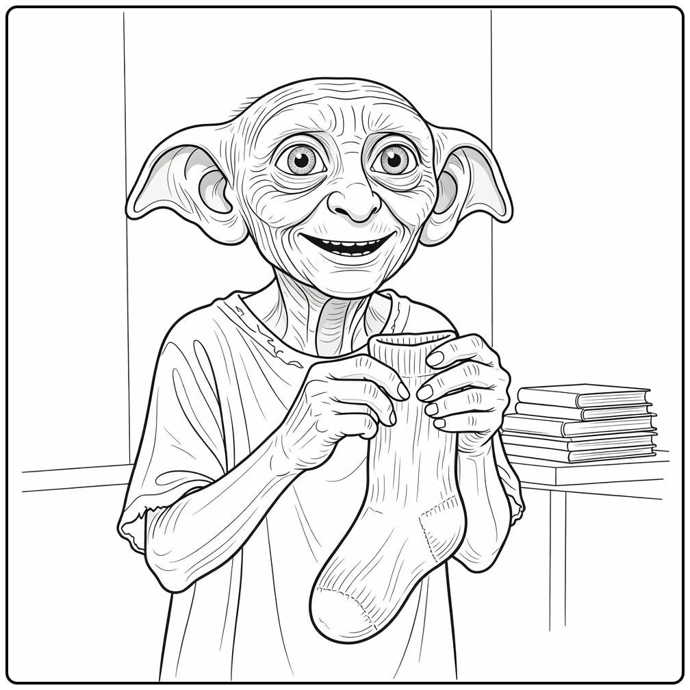 dobby harry potter kleurplaat: blije Dobby met sok