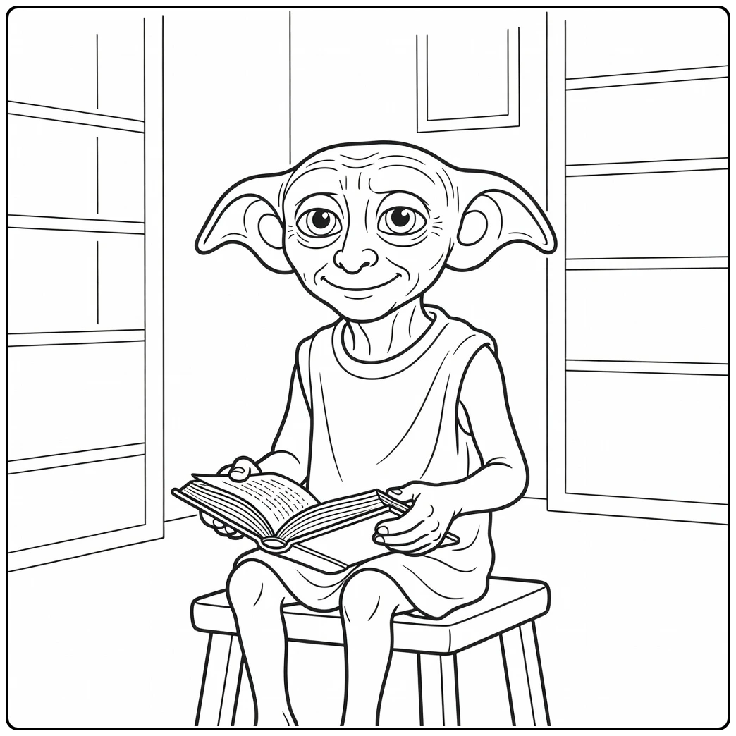 dobby harry potter kleurplaat: Dobby op krukje met boekje