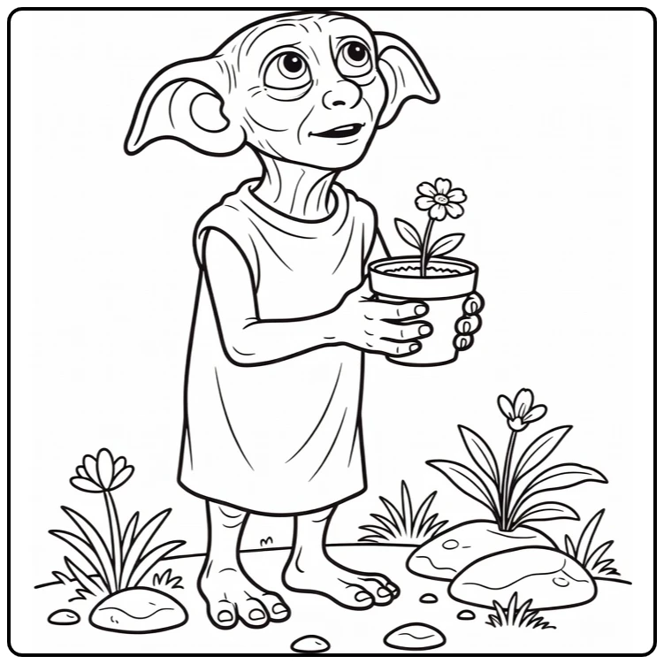 Dobby Harry Potter kleurplaat: Dobby met bloempot in Hogwarts tuin