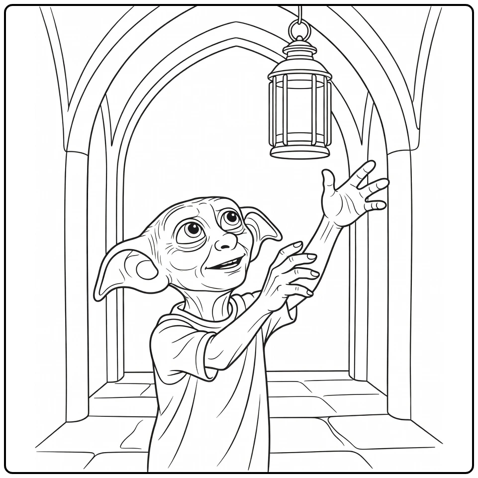 dobby harry potter kleurplaat reikend naar lantaarn