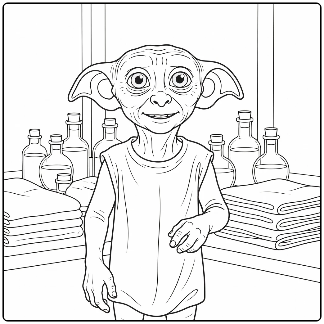 Dobby Harry Potter kleurplaat: alert in magische kamer met flessen