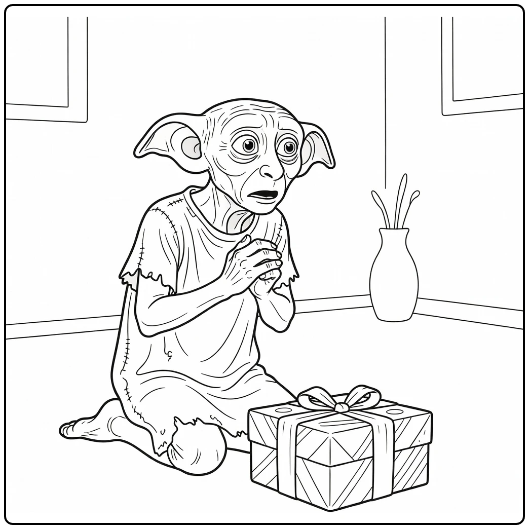 dobby harry potter kleurplaat: Dobby knielend bij verrassend cadeau