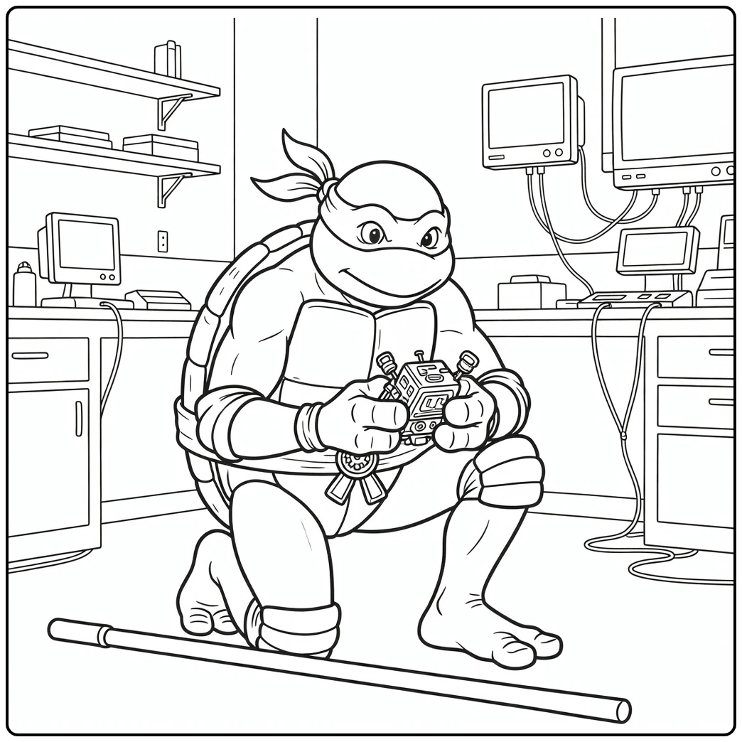 Donatello kleurplaat: knielend bij robotje
