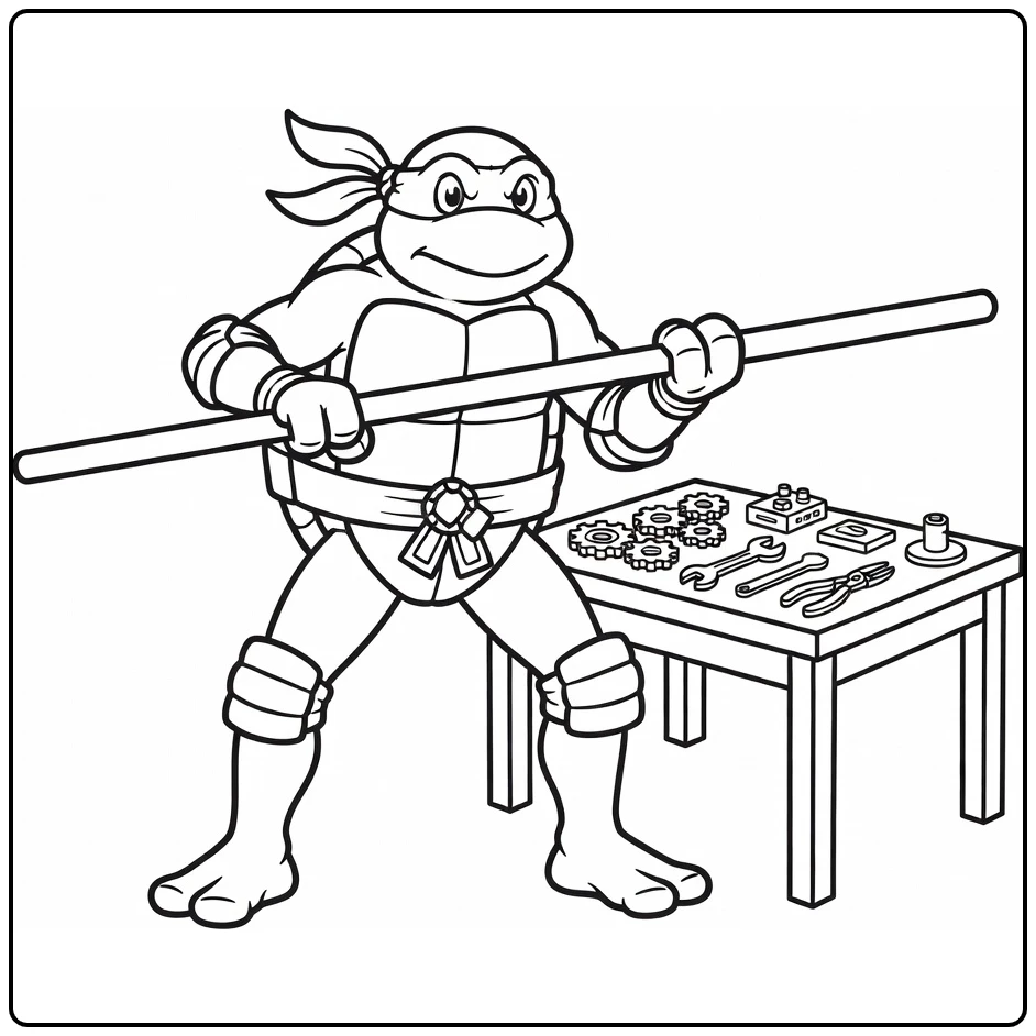 Donatello kleurplaat: defensieve pose met bo-staf bij uitvindingstafel