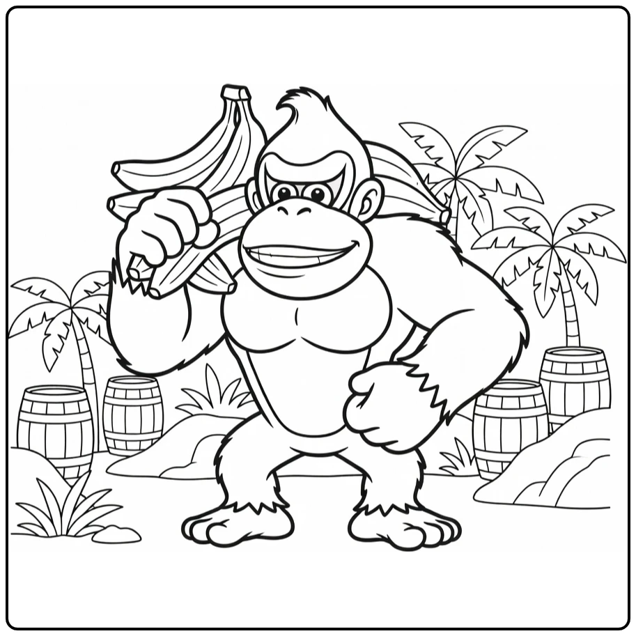 donkey kong kleurplaat met bananen, palmen en vaten