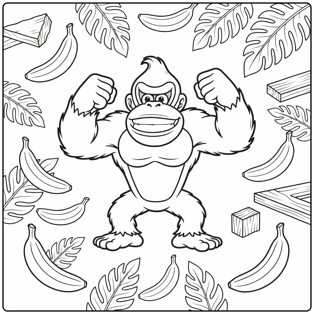 Donkey Kong kleurplaat: borstkloppende aap met grijns en bananen