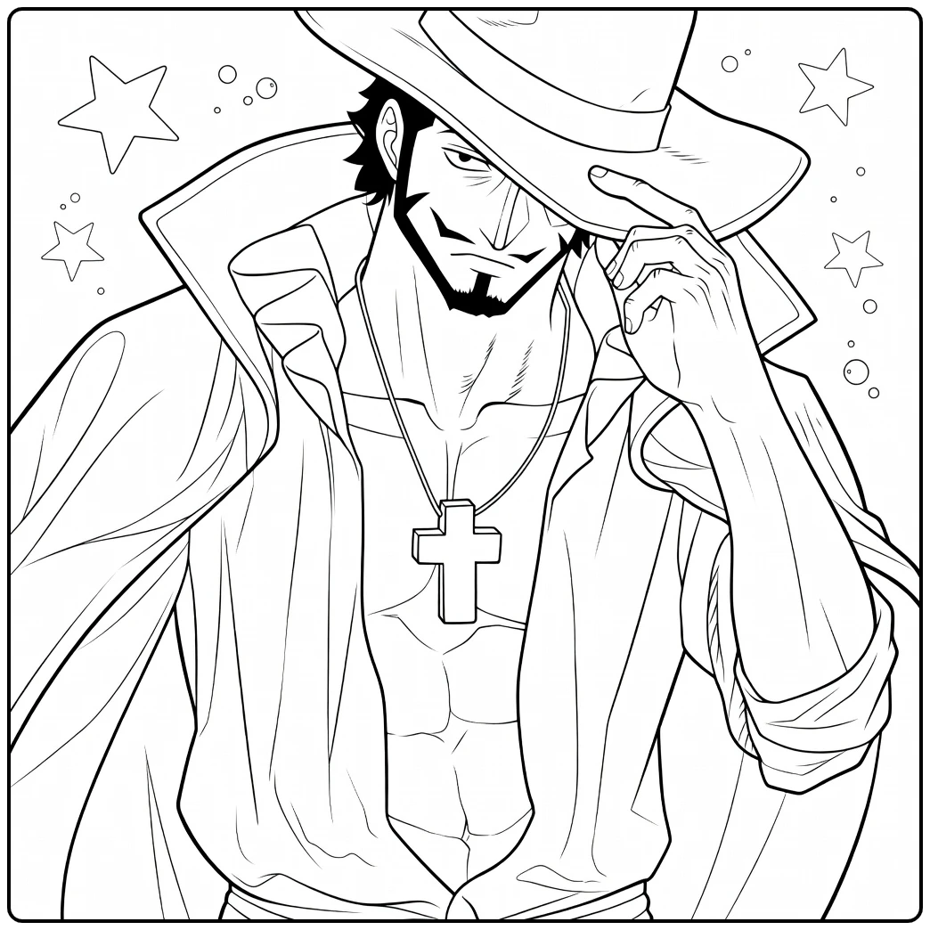Dracule Mihawk kleurplaat met hoed en ketting