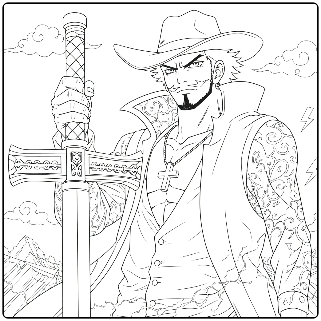 Dracule Mihawk kleurplaat met zwaard en hoed