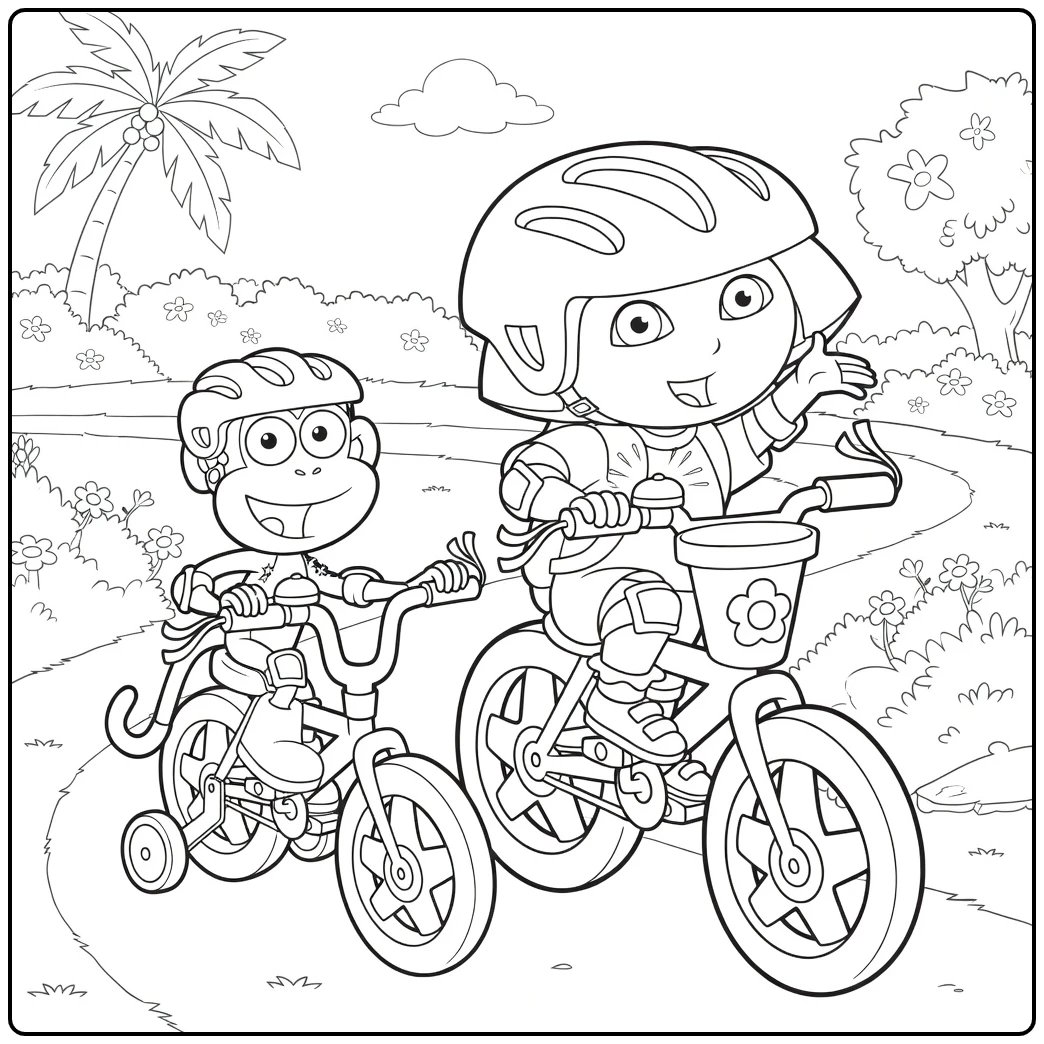 Dora kleurplaat: Dora en Boots fietsen met helmen