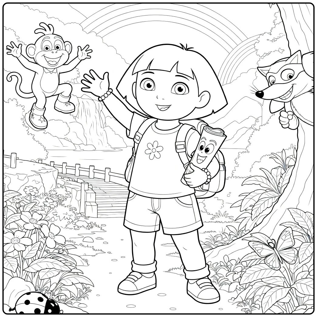 dora kleurplaat: zwaaiend meisje met aap, vos en waterval