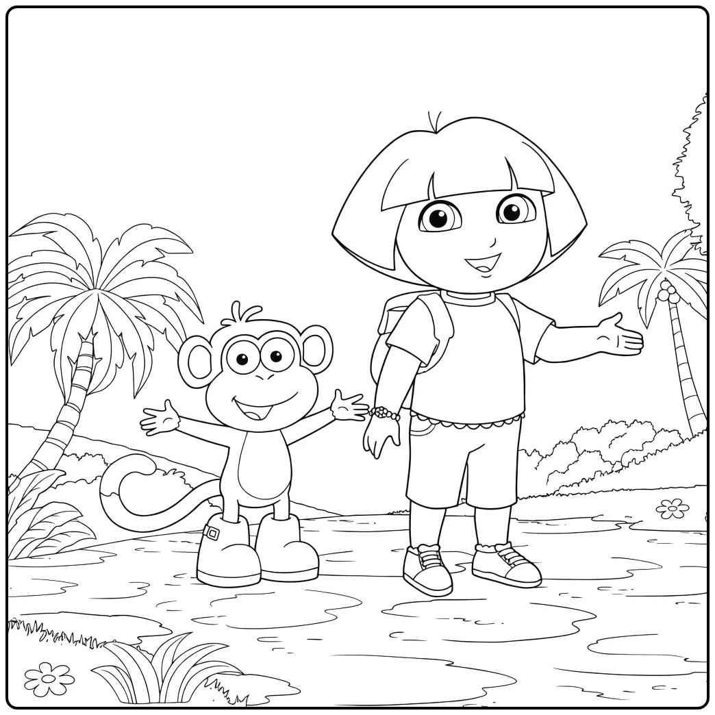 Dora kleurplaat met Boots en palmbomen strand