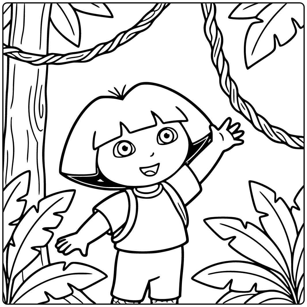 Dora kleurplaat: Dora reikt naar liaan in jungle, glimlachend