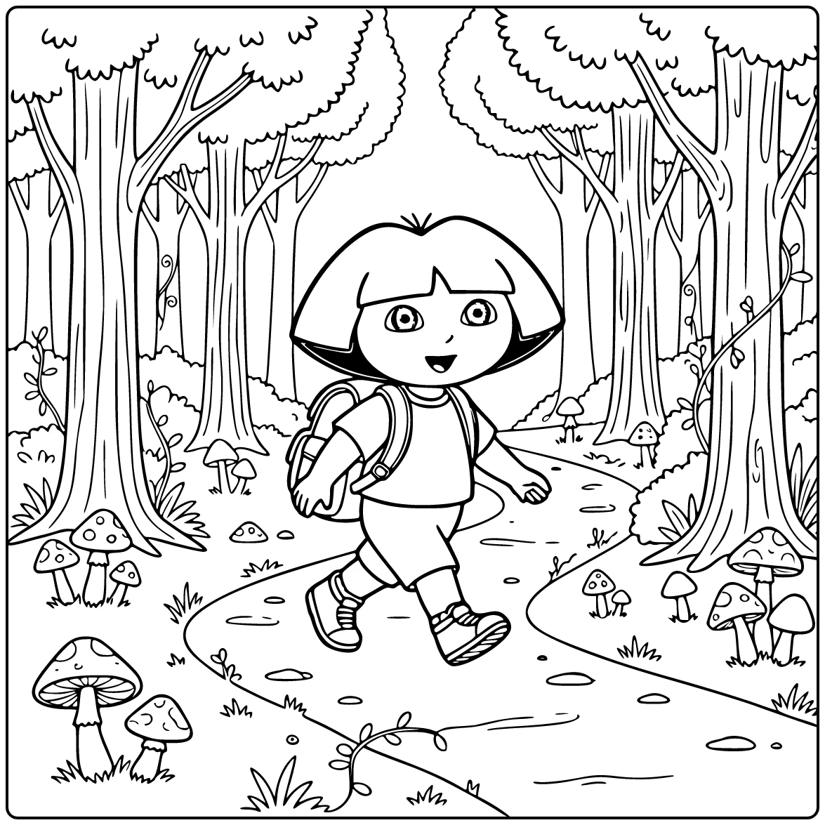 Dora kleurplaat: Dora loopt door zonnig bospad met rugzak