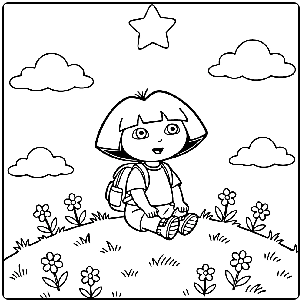 Dora kleurplaat: Dora op grasheuvel kijkt naar ster