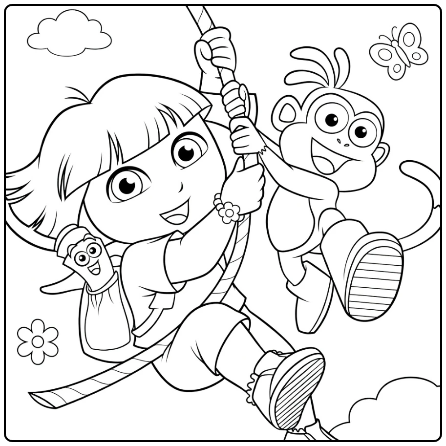 Dora kleurplaat: meisje zwaait aan touw met aapje