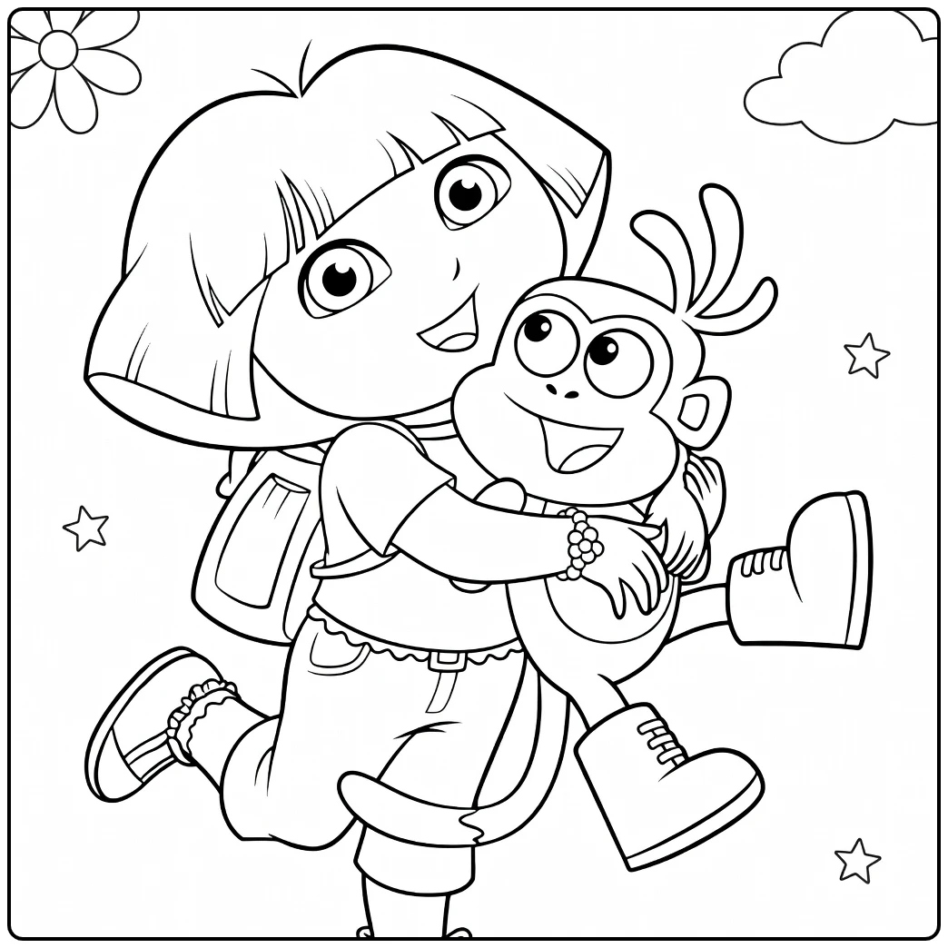 Dora kleurplaat: vrolijk meisje knuffelt aapje trapt