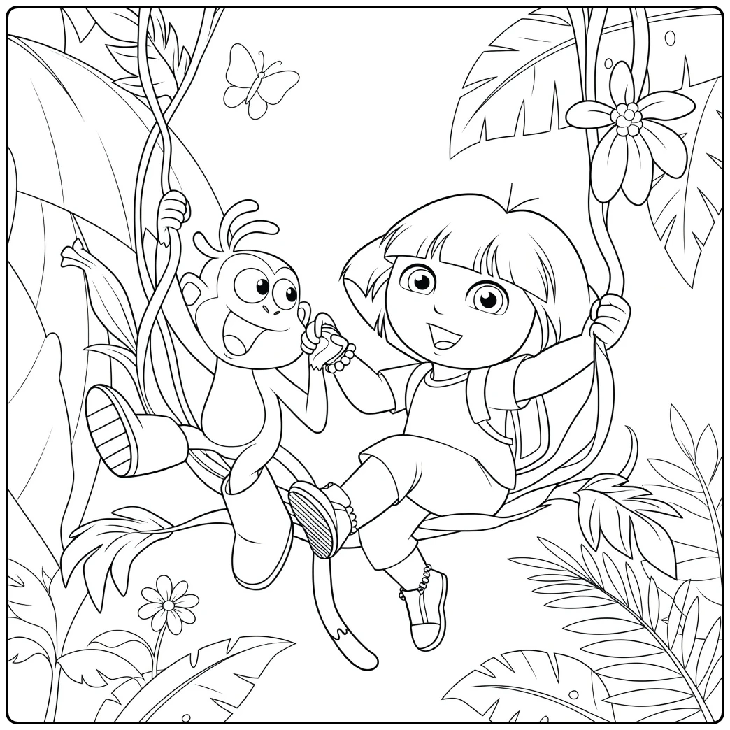 Dora kleurplaat: Dora en Boots slingeren aan liaan