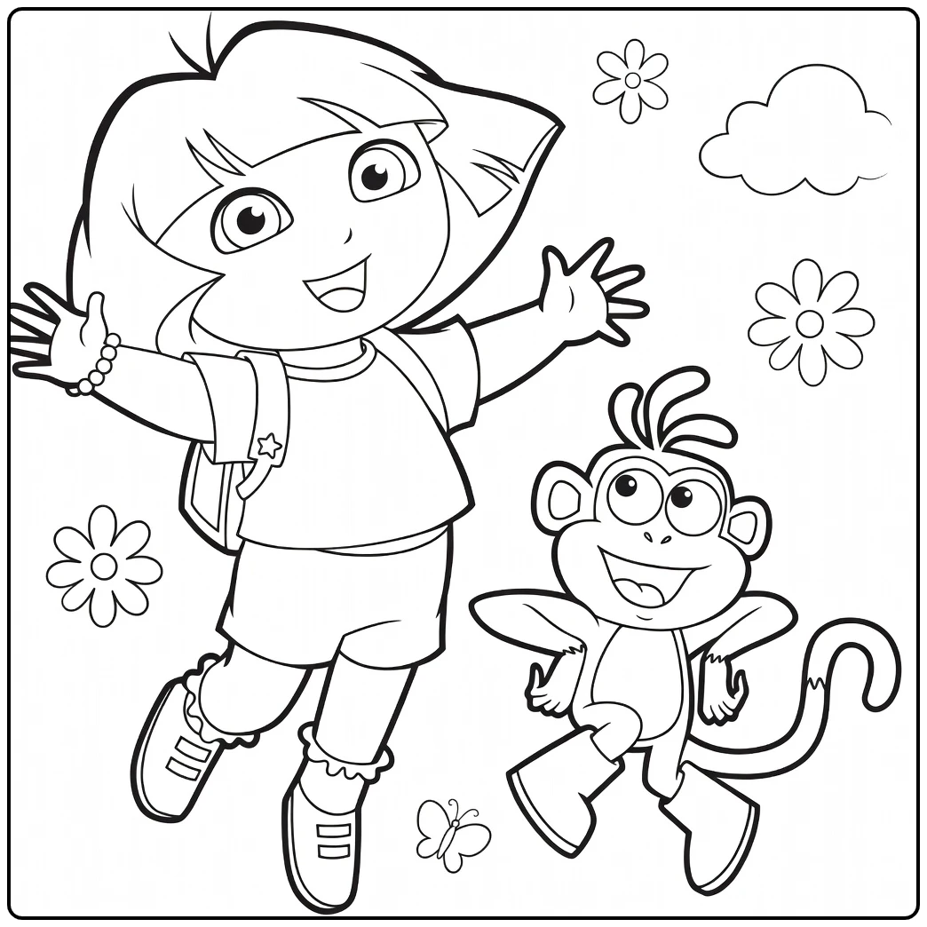 Dora kleurplaat: Dora en Boots springen vrolijk met bloemen