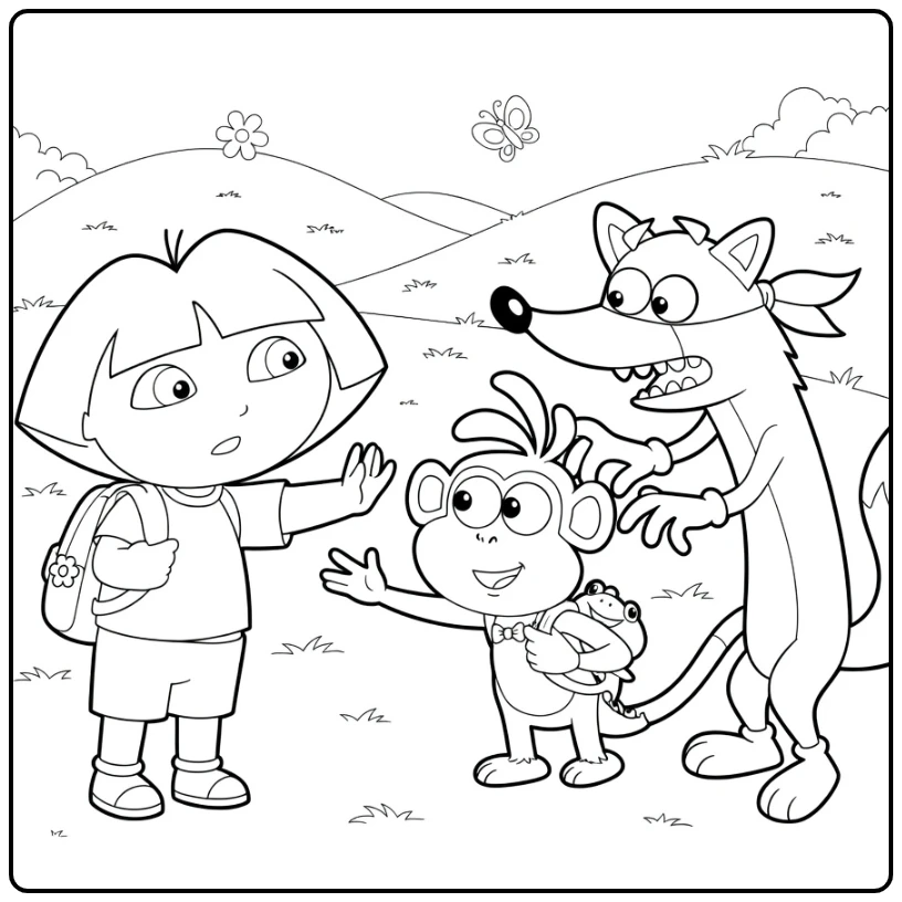Dora kleurplaat: meisje steekt hand uit naar aap en vos