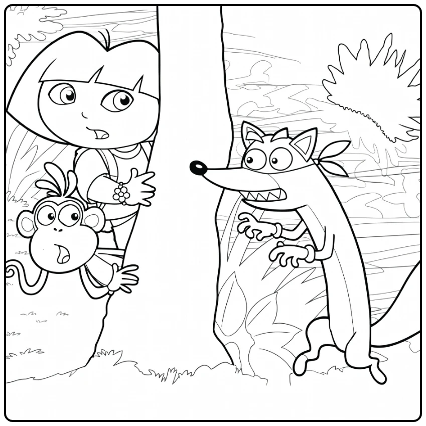 Dora kleurplaat: meisje en aapje gluren verrast naar grommende vos