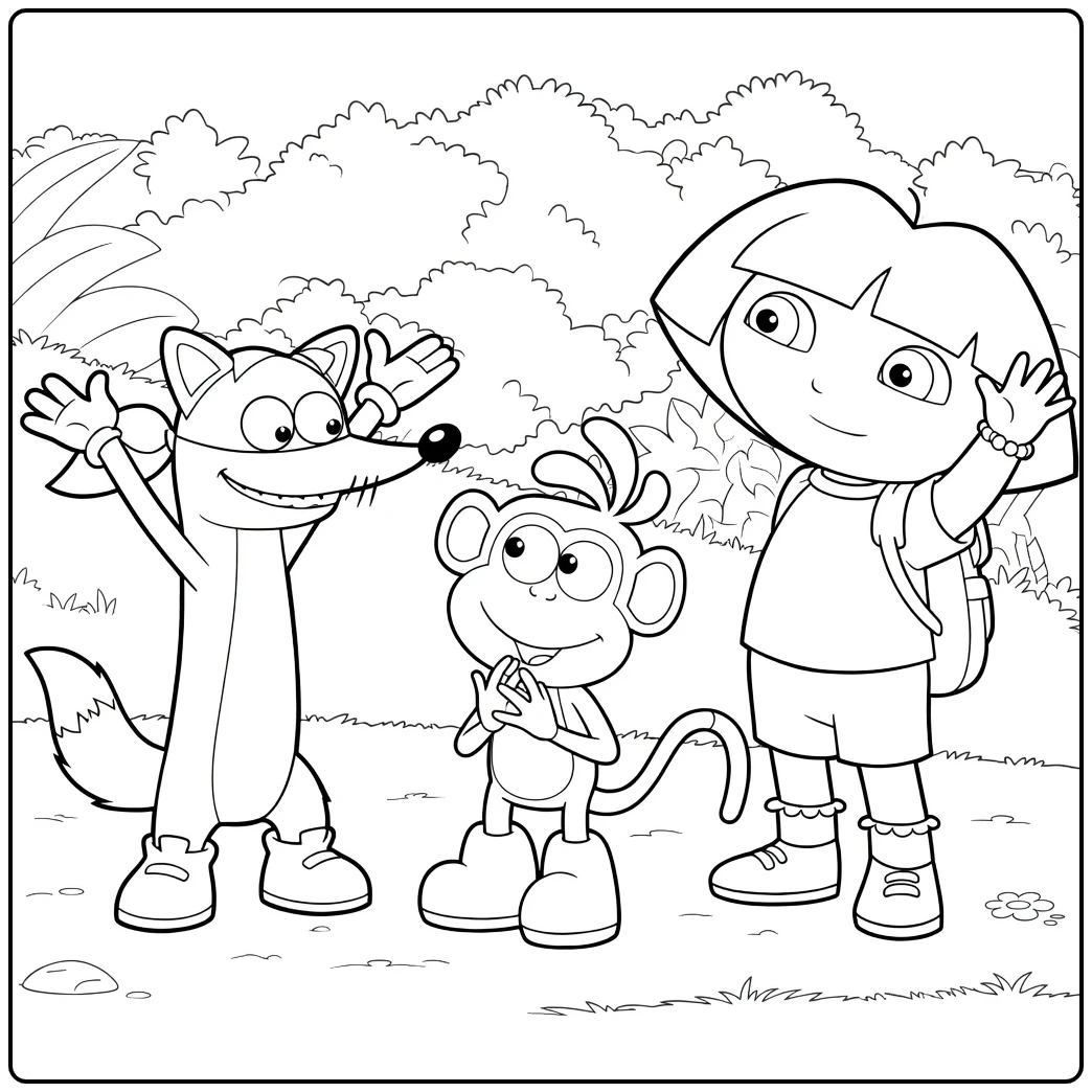 Dora kleurplaat: meisje, vos en aap zwaaiend op pad