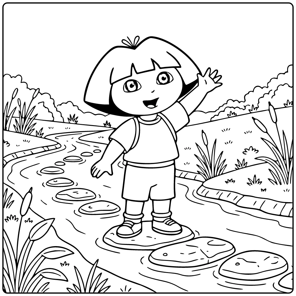 Dora kleurplaat: Dora zwaait vrolijk bij riviertje met stapstenen