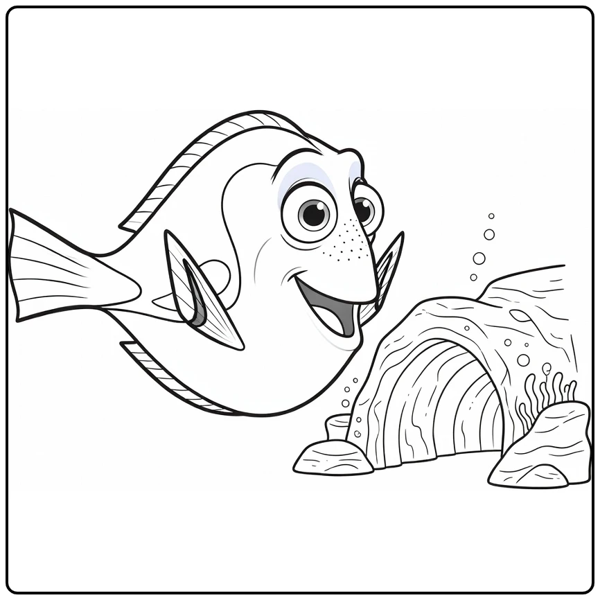 dory finding nemo kleurplaat: nieuwsgierige Dory in rif-tunnel