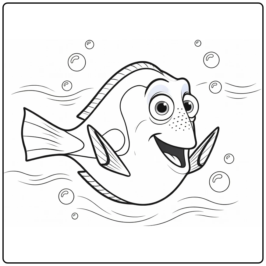 dory finding nemo kleurplaat: blije Dory zwemt door oceaan met bubbels