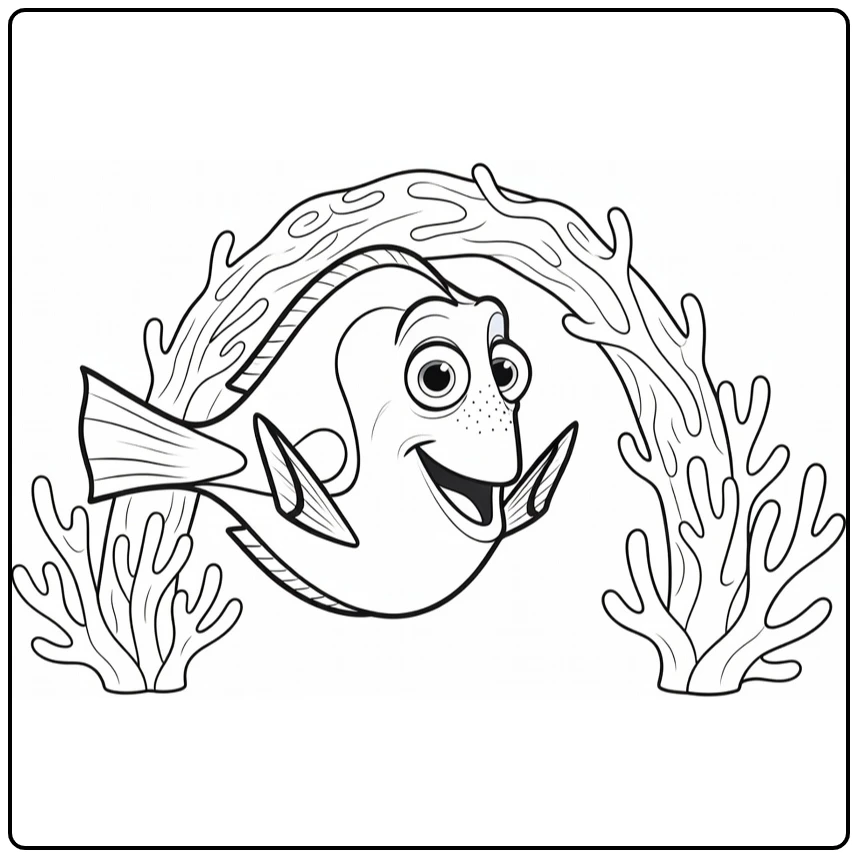 Dory kleurplaat: vrolijke Dory zwemt bij koraalboog