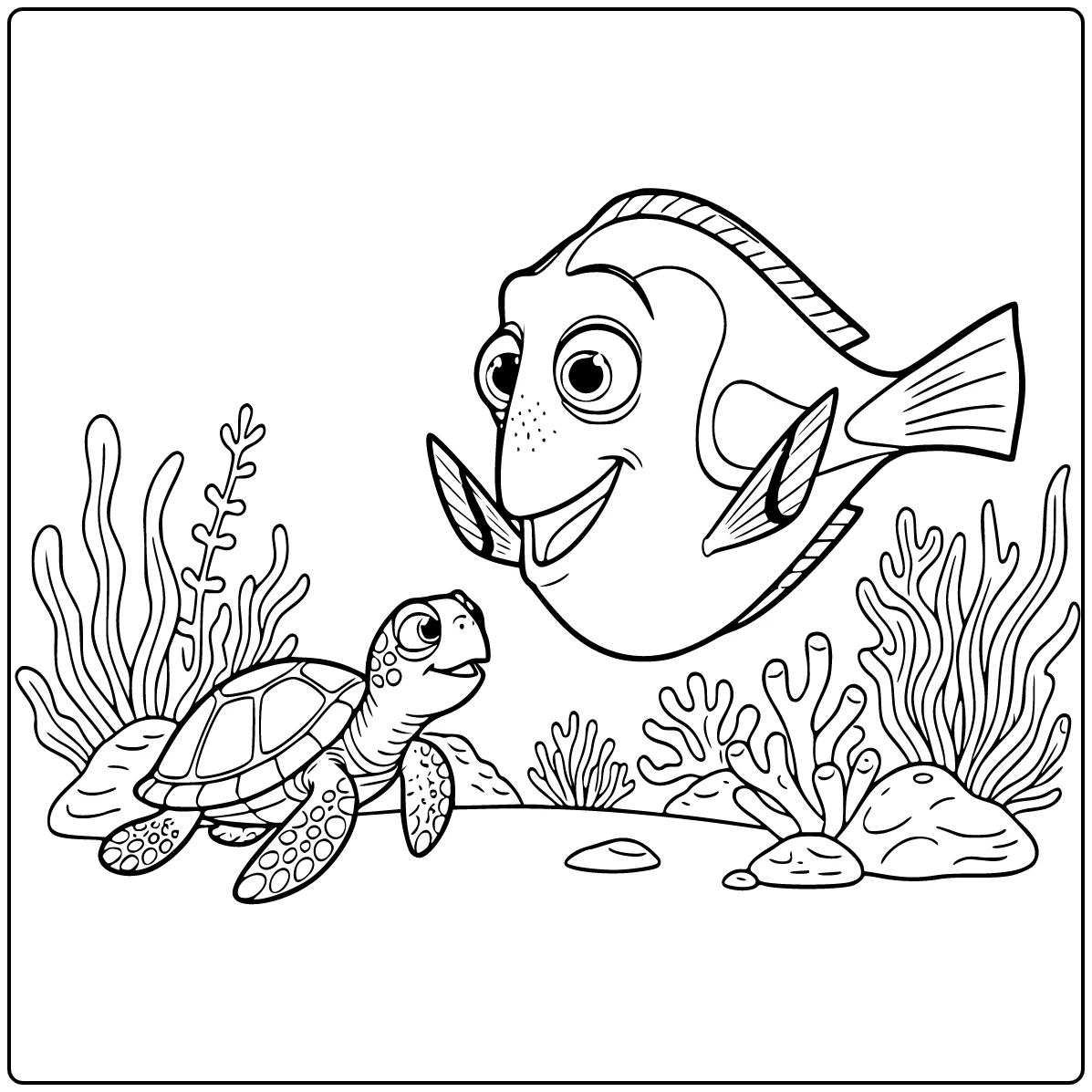 Dory kleurplaat: Dory begroet kleine zeeschildpad bij planten