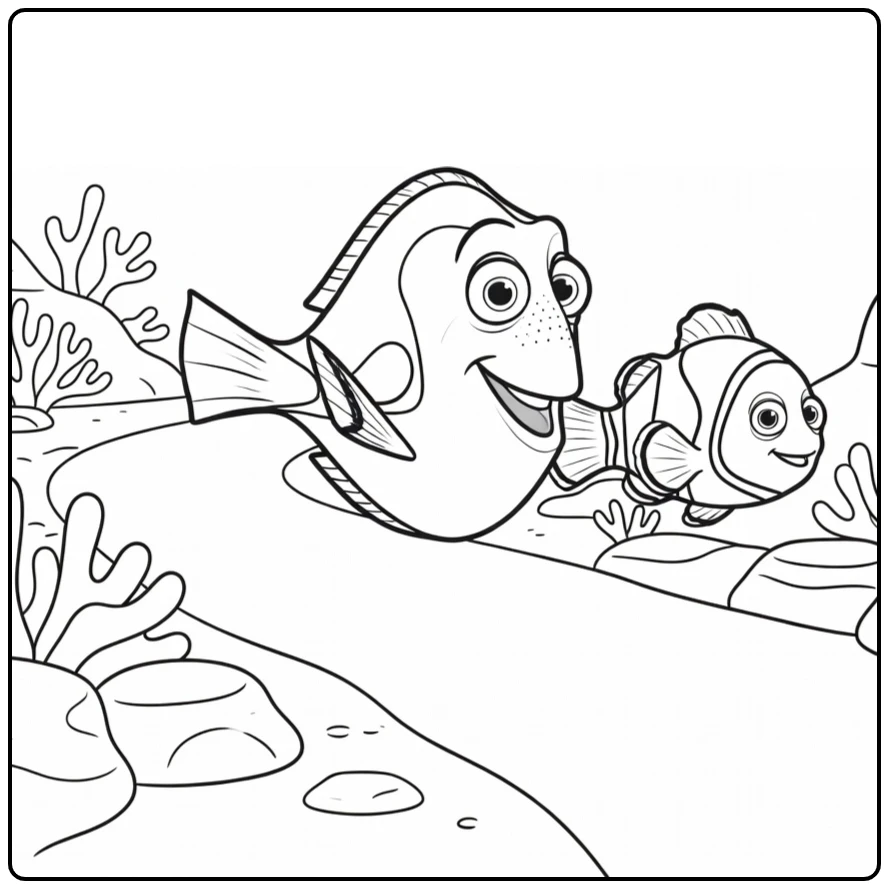 Dory kleurplaat: Dory zwemt met Marlin bij rifpad