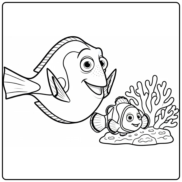 Dory kleurplaat: Dory zwemt met Nemo bij koraal