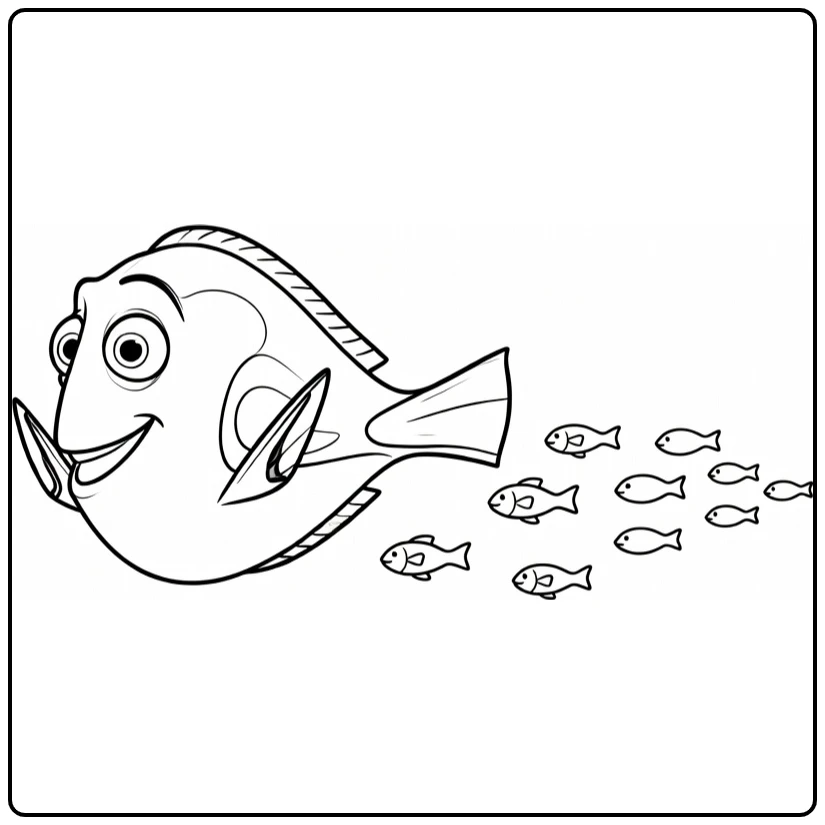 Dory kleurplaat: zwemmend met school kleine visjes