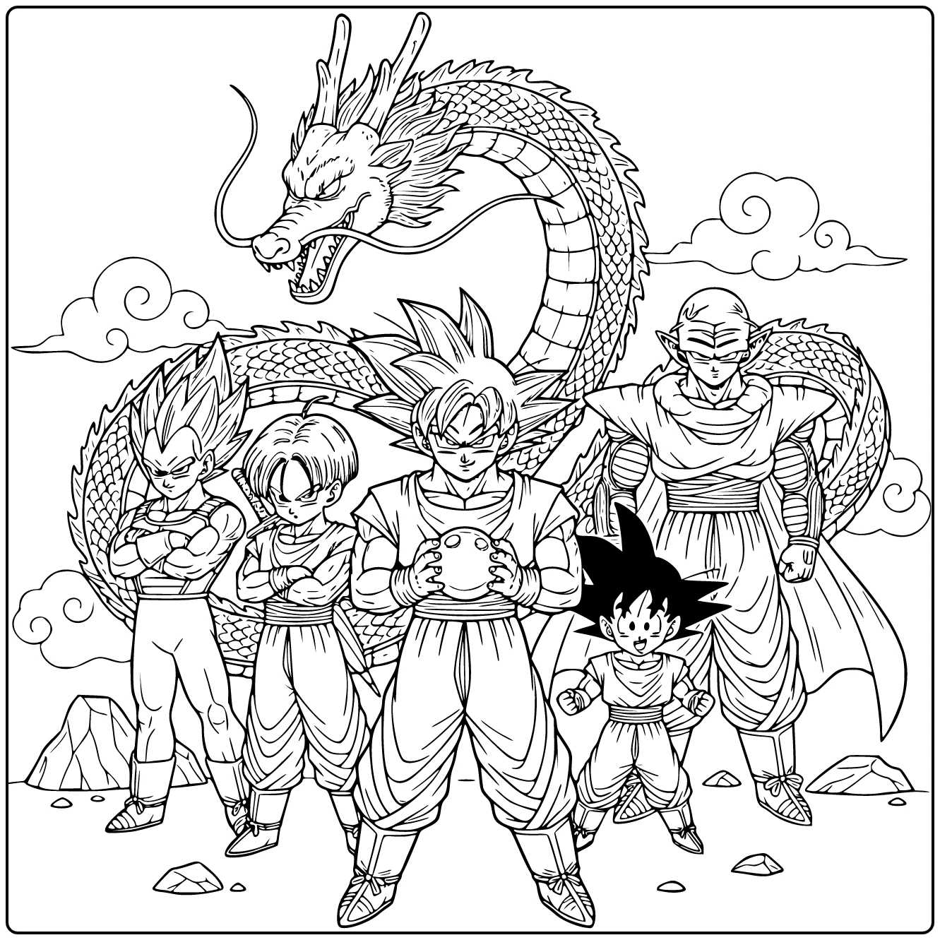 Dragon Ball kleurplaat: Goku met Dragon Ball vastberaden