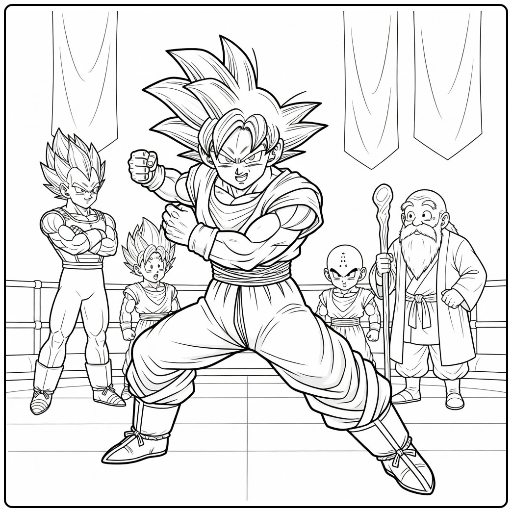 Dragon Ball kleurplaat Goku dynamische vechtpose toernooi