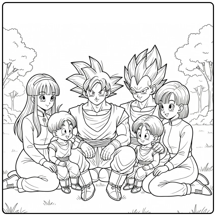 Dragon Ball kleurplaat Goku kalm familie moment trots zittend