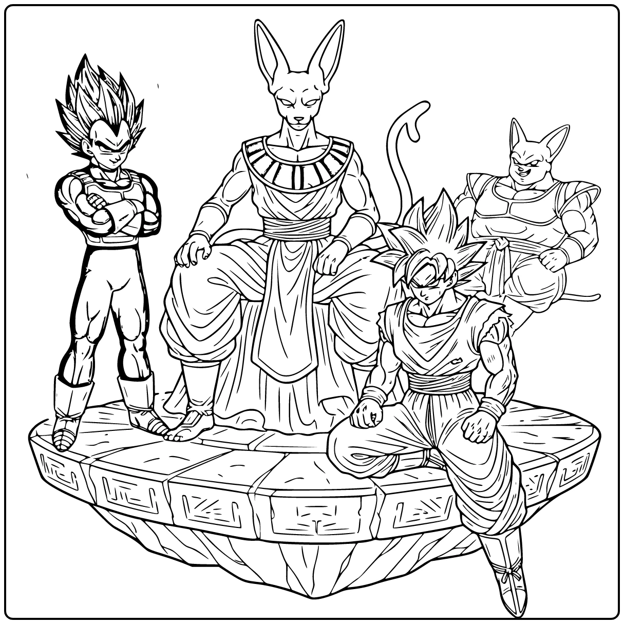 dragon ball super kleurplaat Beerus op zwevend stenen platform