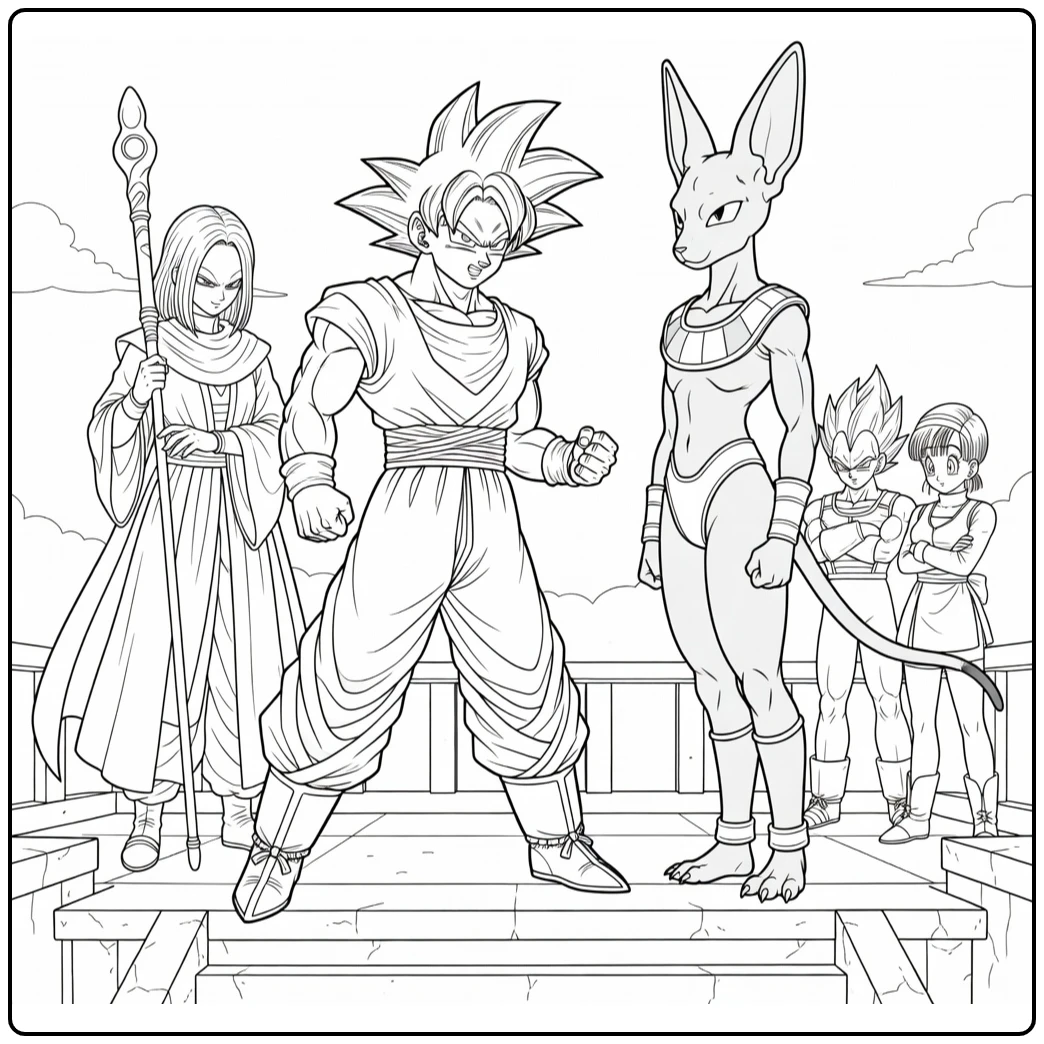 dragon ball super kleurplaat Goku vs Beerus met Whis Vegeta Bulma