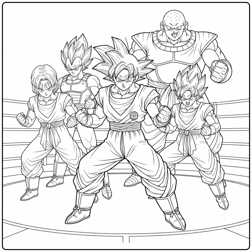 Dragon Ball Super kleurplaat: Goku centraal met Hit, Vegeta