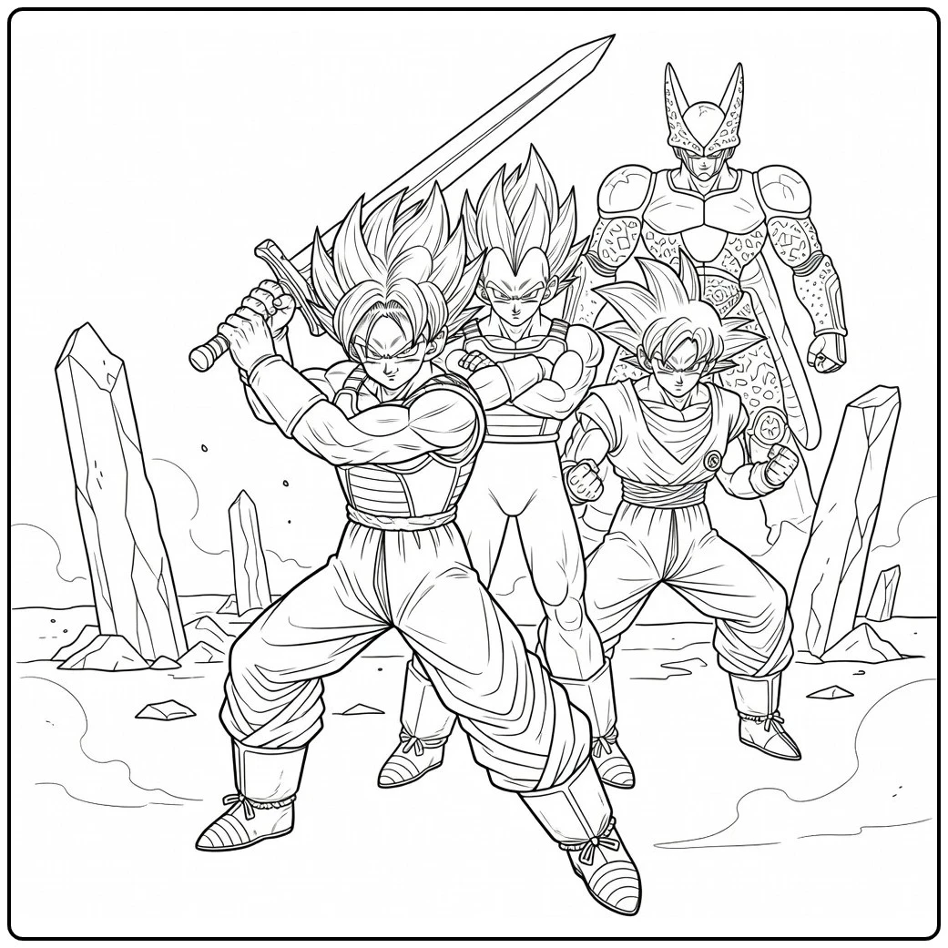 Dragon Ball Z kleurplaat: Future Trunks met zwaard heroïsch
